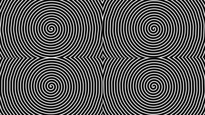 无尽的螺旋动画，催眠可视化概念。黑白螺旋旋转速度快