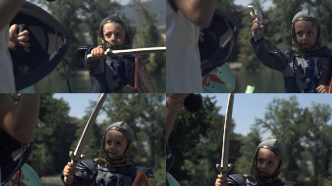 以800帧/秒的慢动作，身穿中世纪服装的年轻骑士挥舞着盾牌的剑