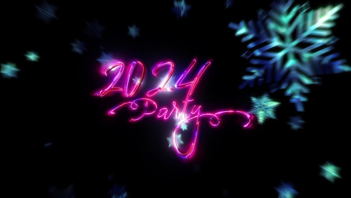 2024新年快乐派对粉红色的文字与下降辉光蓝色霓虹雪花和耀斑光爆发电影标题背景。在柔和的冬日灯光下，