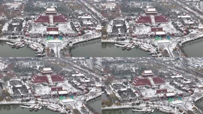 开封地标雪景开封龙亭公园龙亭大殿雪景航拍