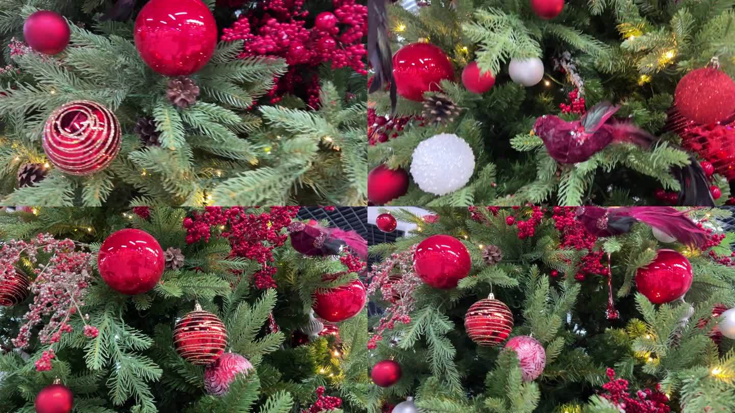 新年的圣诞树上挂着红色的玩具和一只覆盆子色的人造鸟，一簇簇绿色的rowan浆果，针灯发出黄色的光，树