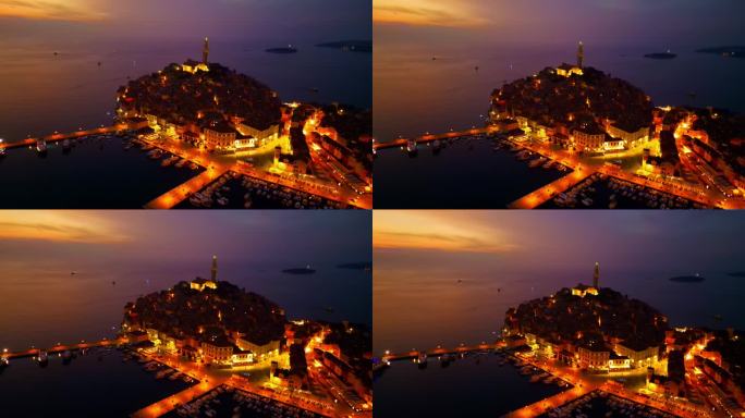 航拍罗维尼风景如画的城市夜景
