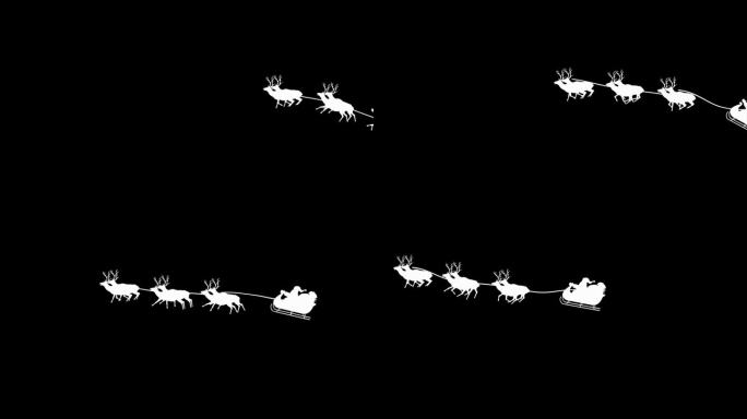 圣诞老人车驯鹿雪橇飞行在绿色背景，剪影动画与alpha通道。