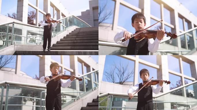 一名身着礼服的少年在阳光下演奏小提琴