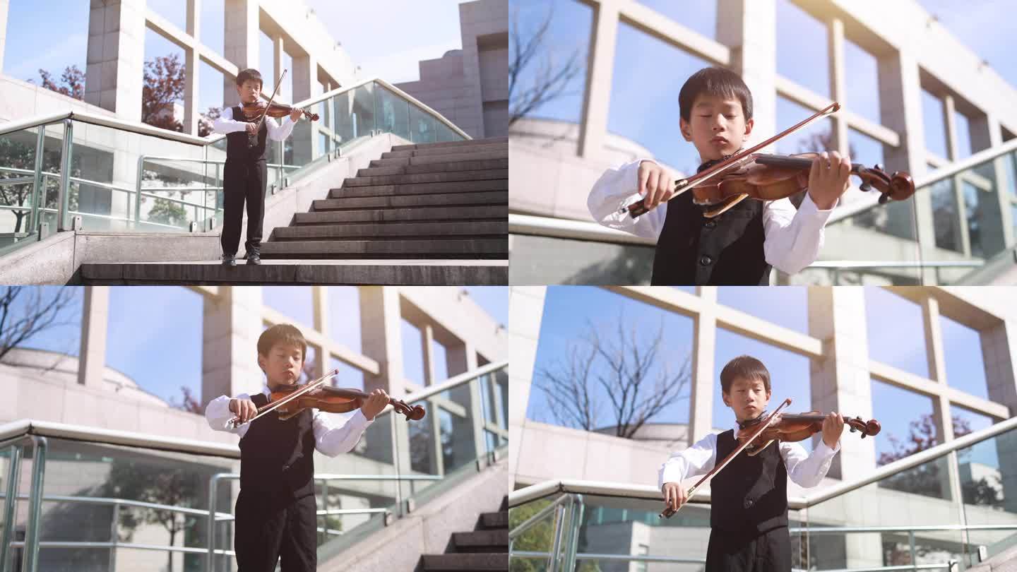 一名身着礼服的少年在阳光下演奏小提琴