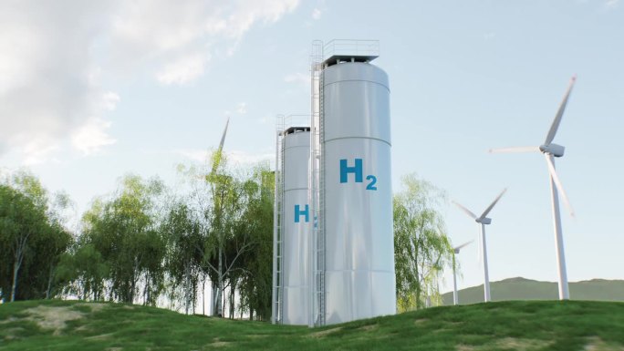 通过电解将电能储存在氢中的概念。该系统将电解装置、储罐、太阳能和风力发电厂安装在茂密的草坪上。三维渲