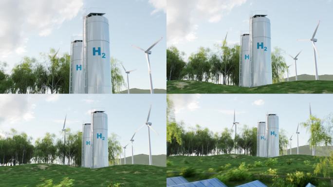 通过电解将电能储存在氢中的概念。该系统将电解装置、储罐、太阳能和风力发电厂安装在茂密的草坪上。三维渲