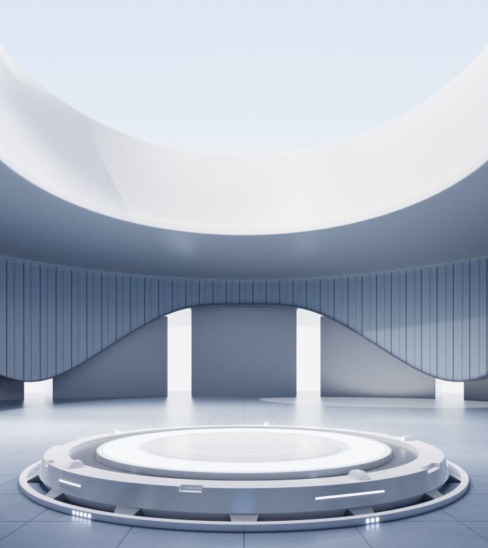 圆形建筑与室内科技展示台3D渲染