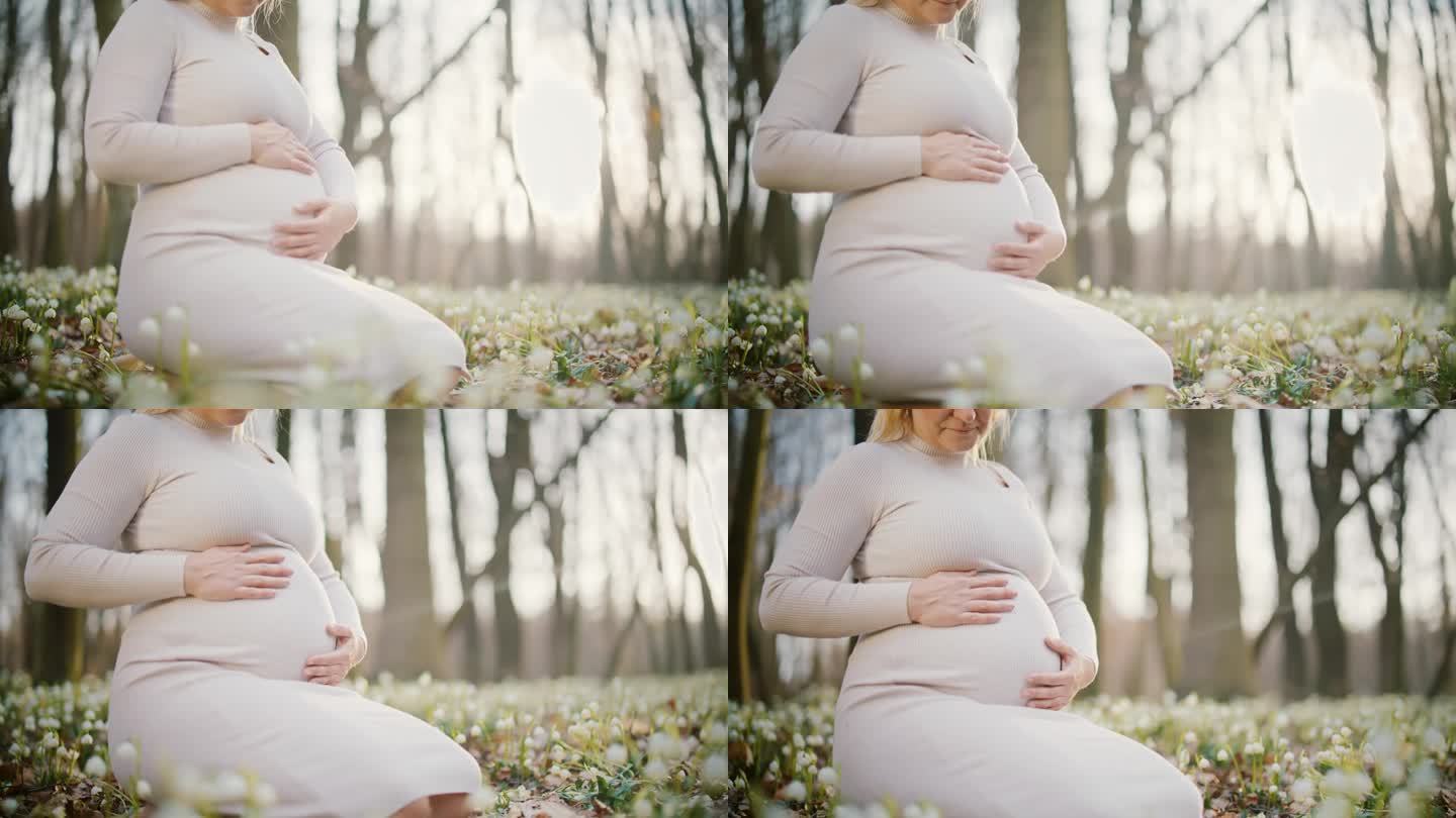 抱着肚子的孕妇在树林里的雪花莲花丛中