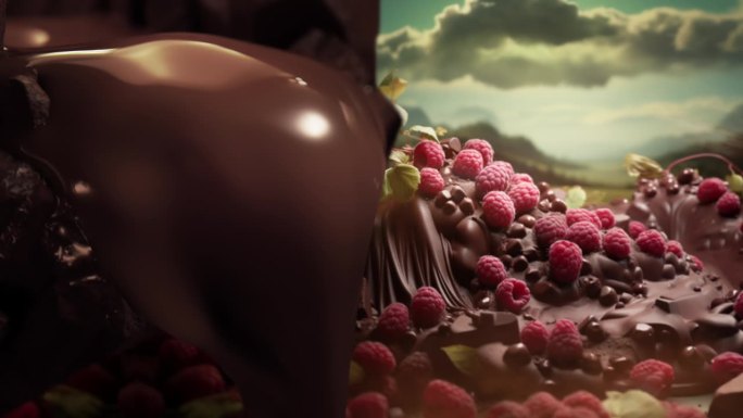 巧克力的峡谷。液体巧克力河像瀑布一样落在覆盆子和巧克力山的神奇土地上