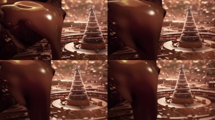 巧克力的峡谷。像瀑布一样的液体巧克力河在一个神奇的土地上落下，那里有一棵糖做的圣诞树