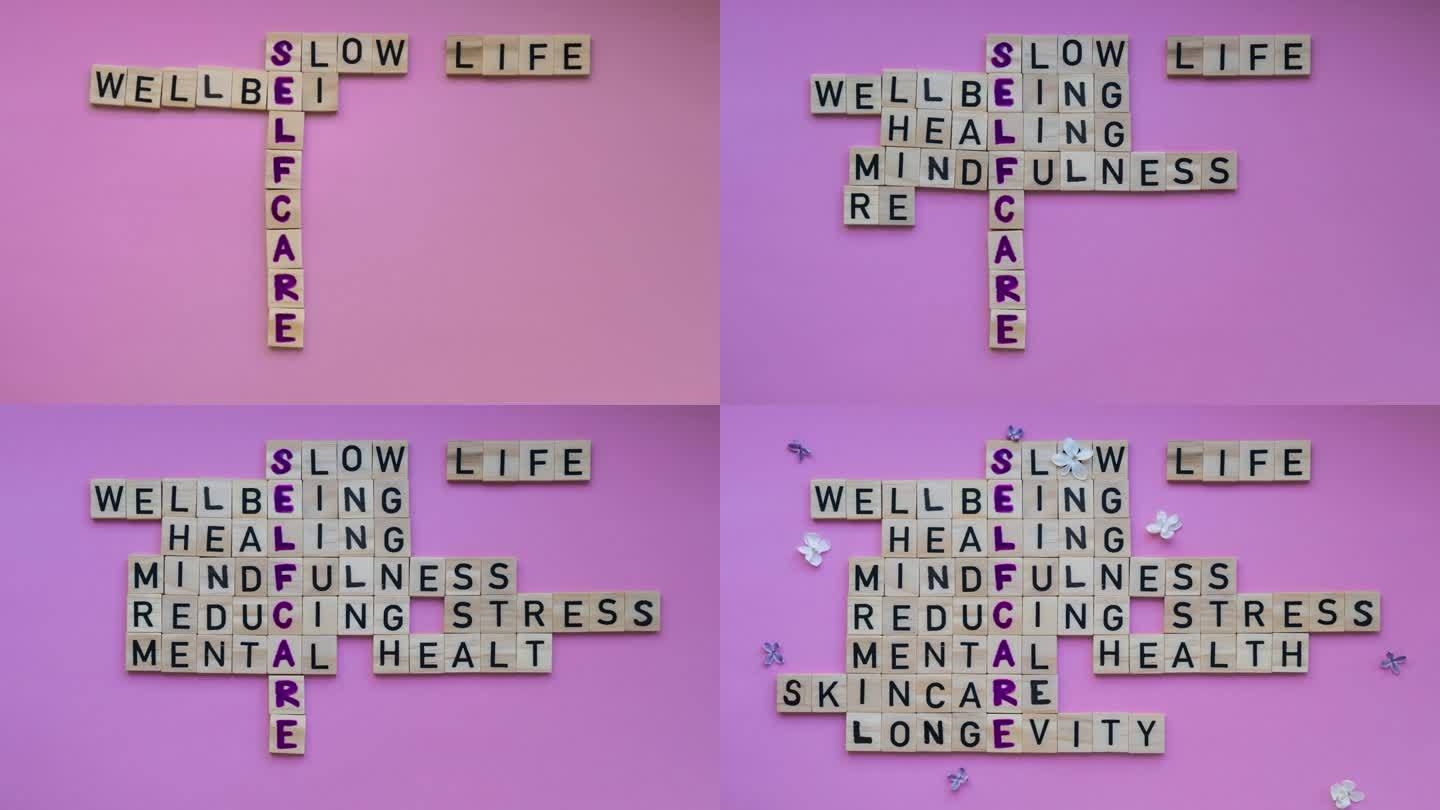 粉红色背景上的SELFCARE字的俯视图的时间流逝。极简创意填字游戏概念。慢生活健康治疗正念减轻压力