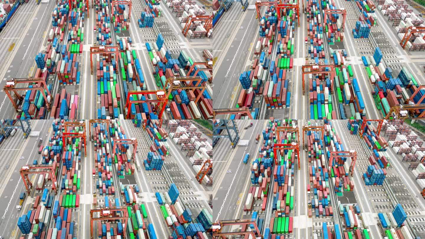 货物运输、港口运输及集装箱运输。工业船坞补给箱装载的概念。香港工作码头货物堆垛全景图