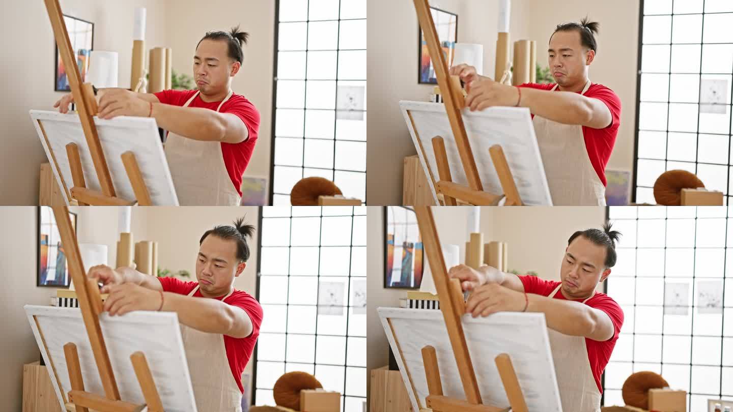 一个自信的中国年轻人，梳着时髦的辫子，在室内艺术工作室里愉快地把画布放在架上，准备上一节激动人心的绘