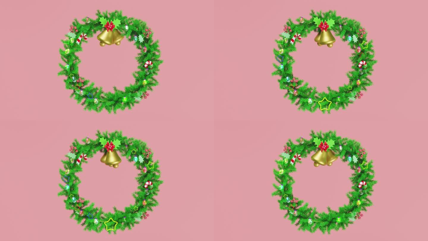 3d花环装饰的松树枝，铃儿响，糖果手杖，红色蝴蝶结，冬青浆果叶，透明的玻璃灯笼花环，星星。圣诞快乐，