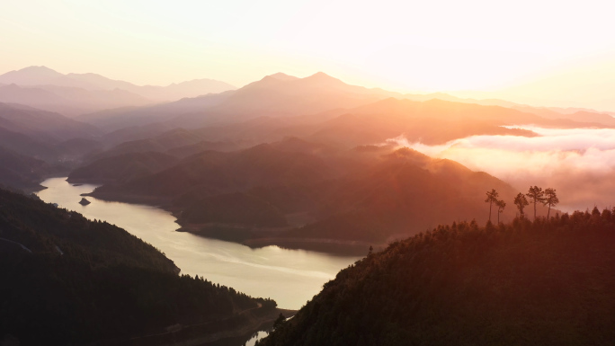 航拍大气山河日出4k