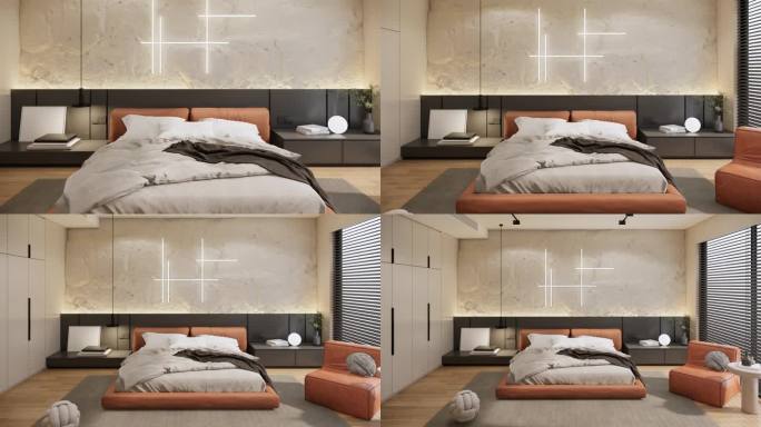 现代卧室内部用家具，缩小镜头，视频4K 3D渲染动画卧室设计