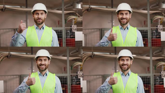 冶金厂的工人，戴着白色的头盔和背心，站在电气配电室竖起大拇指。工程师、技师、电工对着镜头微笑，动作协