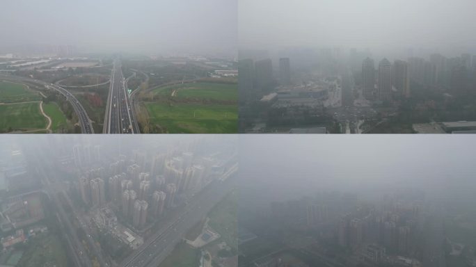 航拍雾霾下的城市成都