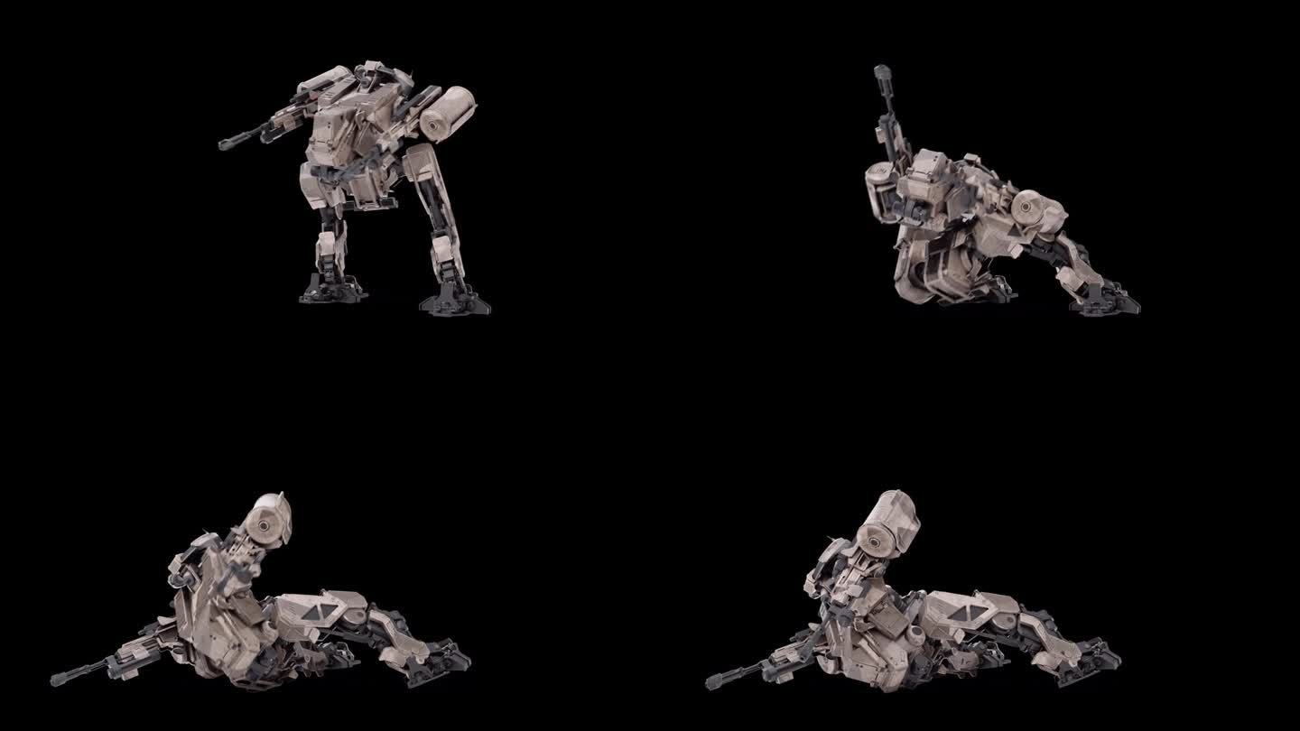 详细的3D模型的机器人死亡前正面左视图，战士未来机器渲染动画，操纵骨骼结构，叠加为阿尔法哑光通道混合