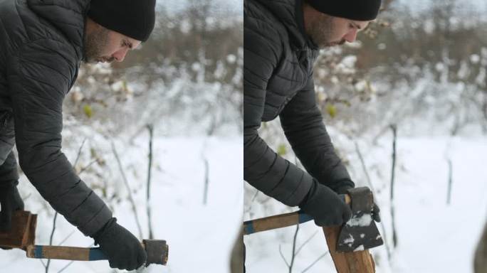 在冬天下雪的环境中，一个面目全非的人在砍柴