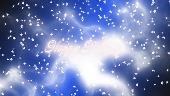 节日快乐的问候文字与白色的彩色粒子，而发光的白色或银色的星星从上到下落在蓝色的背景。运动图形。圣诞快