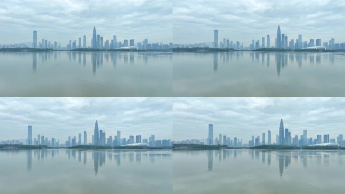 清晨深圳湾后海建筑群城市倒影