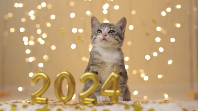 这只小猫平静地站在即将到来的2024年的数字后面