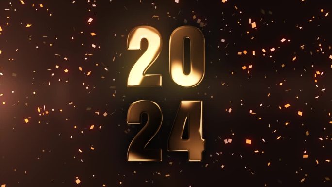 2024新年快乐文字效果的黄金数字与金属反射。2024年圣诞新年祝福动画。金色五彩纸屑与柔和的光。节