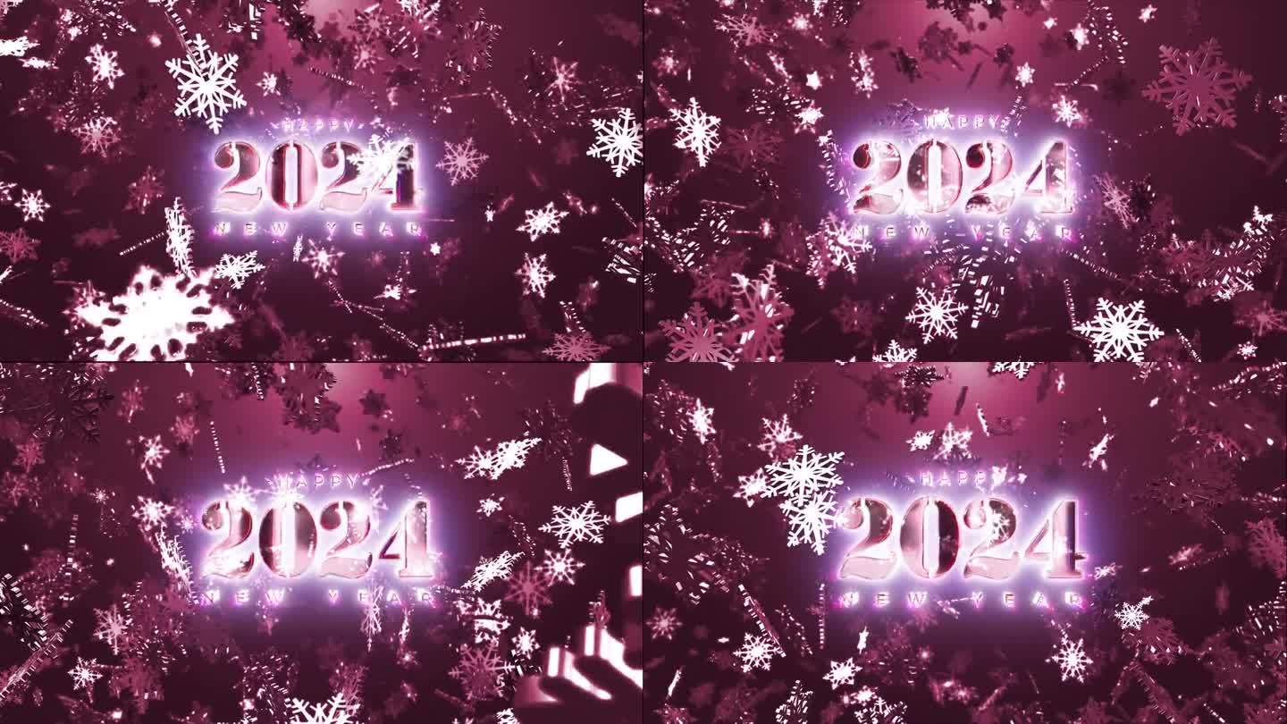 2024新年快乐辉光文字与下降辉光雪花和耀斑光爆发电影标题抽象背景。2024年新年快乐照耀文字冬光。