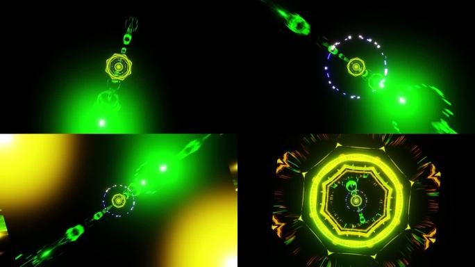 运动与光速在空间与绿色和黄色的镜头耀斑vj循环3d渲染。设计元素为夜总会，迪斯科舞厅，舞蹈，音乐节，
