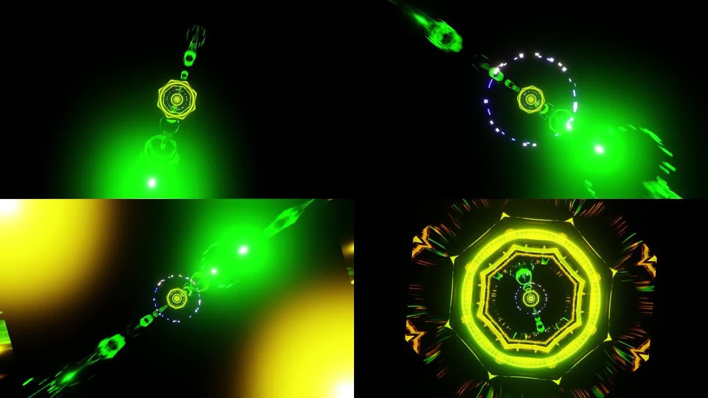 运动与光速在空间与绿色和黄色的镜头耀斑vj循环3d渲染。设计元素为夜总会，迪斯科舞厅，舞蹈，音乐节，