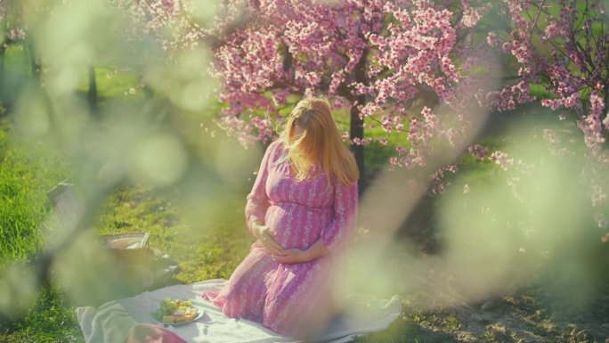 一名孕妇在果园里的樱花丛中野餐
