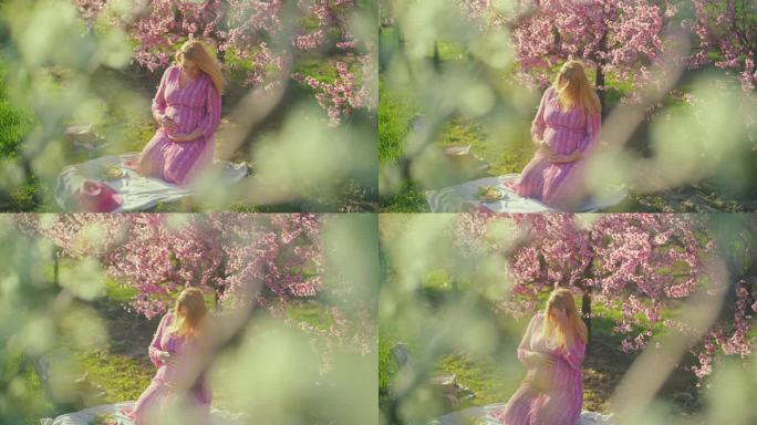一名孕妇在果园里的樱花丛中野餐