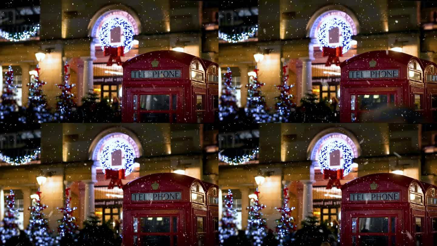伦敦考文特花园地区，下雪的红色电话亭