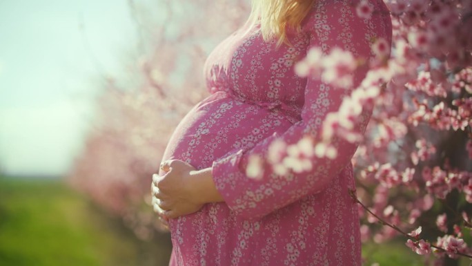 身穿粉色连衣裙的孕妇站在樱花丛中