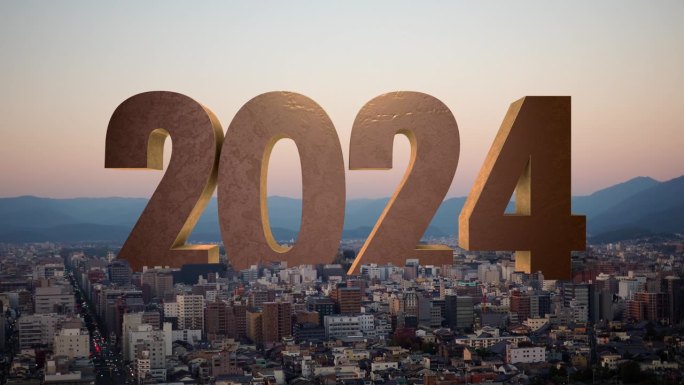 欢迎来到2024年。这座巨大的2024年建筑以宏伟的风格耸立在城市上空。三维渲染