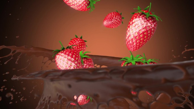 巧克力旋风。下降的草莓。甜点。广告。