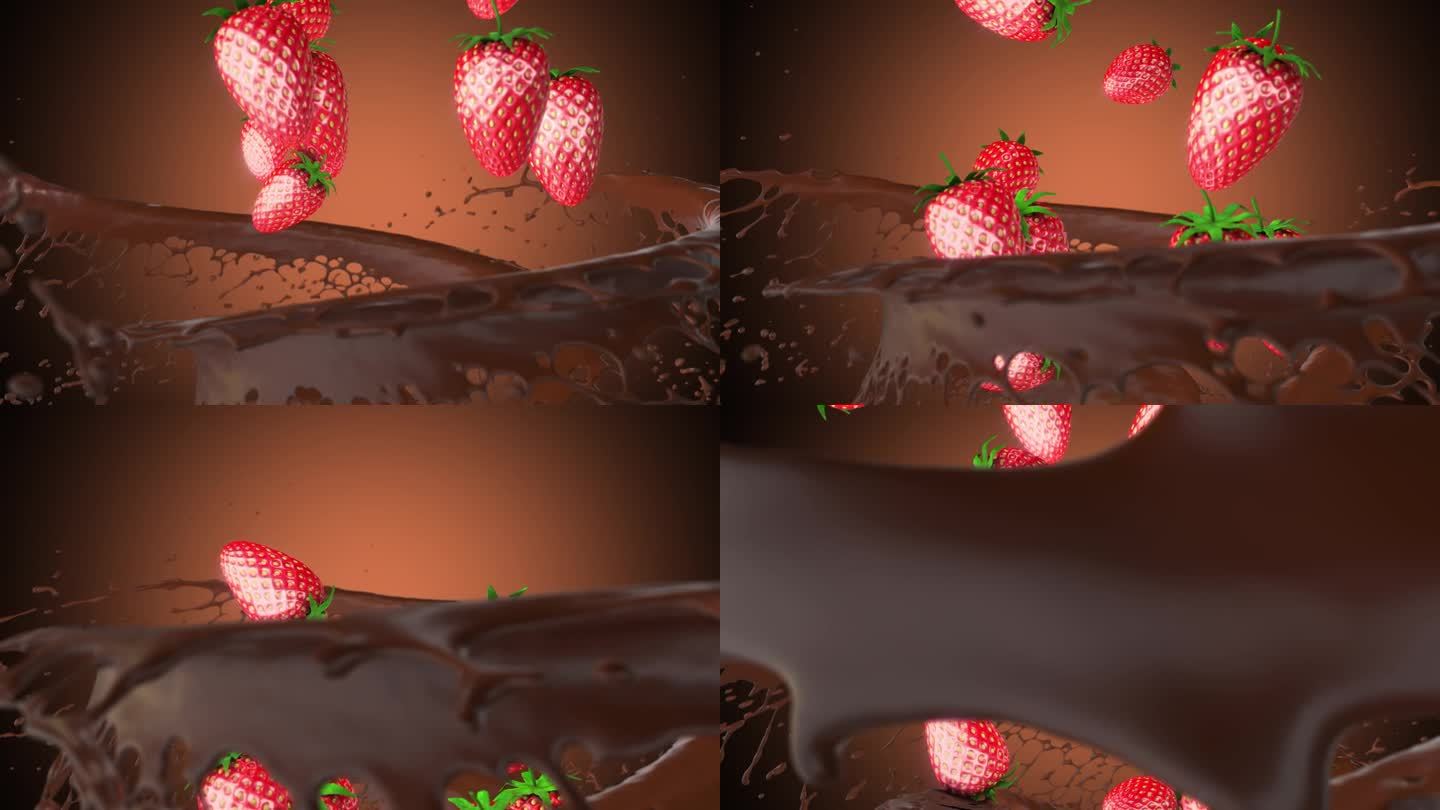 巧克力旋风。下降的草莓。甜点。广告。