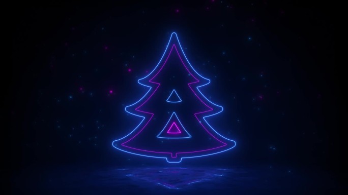 霓虹灯圣诞树的灯光效果。未来的圣诞场景，霓虹雪和反光地板。色彩鲜艳的霓虹圣诞树无缝循环。概念:新年，