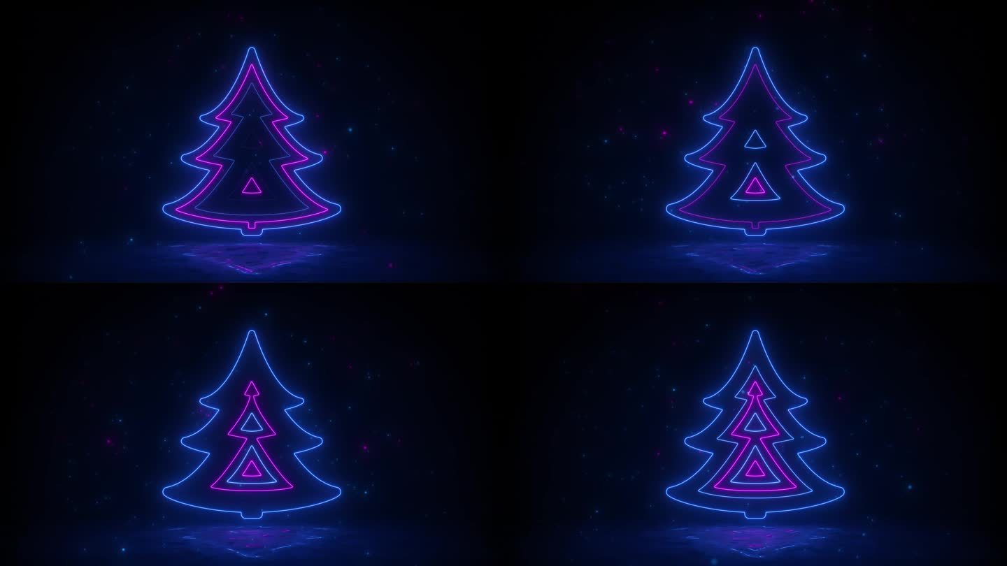 霓虹灯圣诞树的灯光效果。未来的圣诞场景，霓虹雪和反光地板。色彩鲜艳的霓虹圣诞树无缝循环。概念:新年，