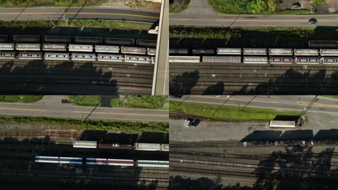 无人机拍摄的一个阳光明媚的日子里，停在铁轨上的火车上的桥梁
