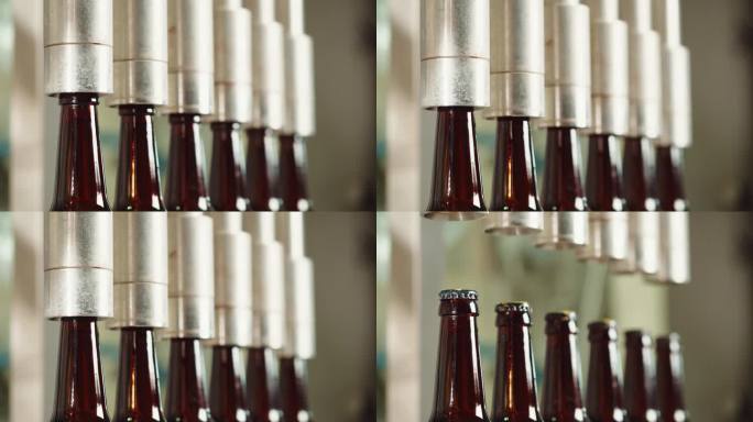 瓶线、精酿啤酒生产厂、啤酒厂制造。将大麦麦芽颗粒放入传送带中特写。用金属瓶酿造、烹饪酒精。