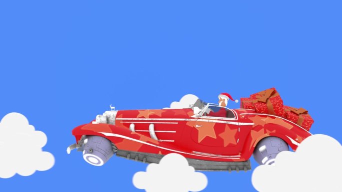 圣诞老人在云端的汽车里，孤立的背景，3d渲染