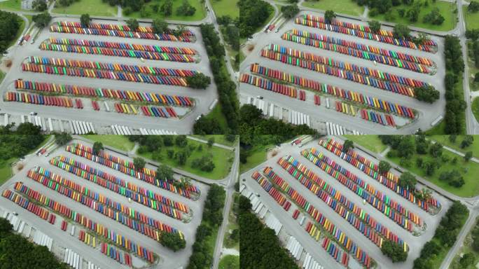 大型货箱堆场，货箱众多，大型工厂厂房结构。产品的生产和分配