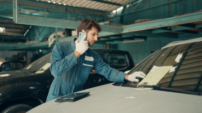 拉丁汽车修理工在汽车修理厂熟练地用手机与客户沟通。