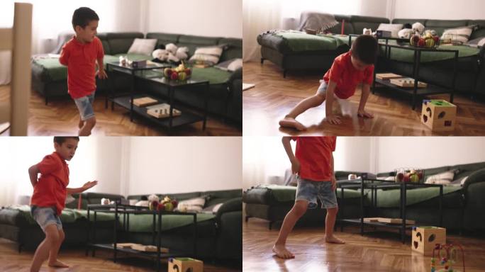 小男孩在家里跳舞玩得很开心