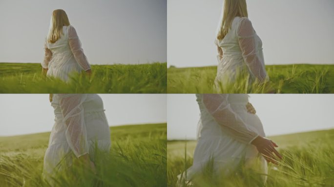 一名孕妇走在农村春天绿色的麦田里