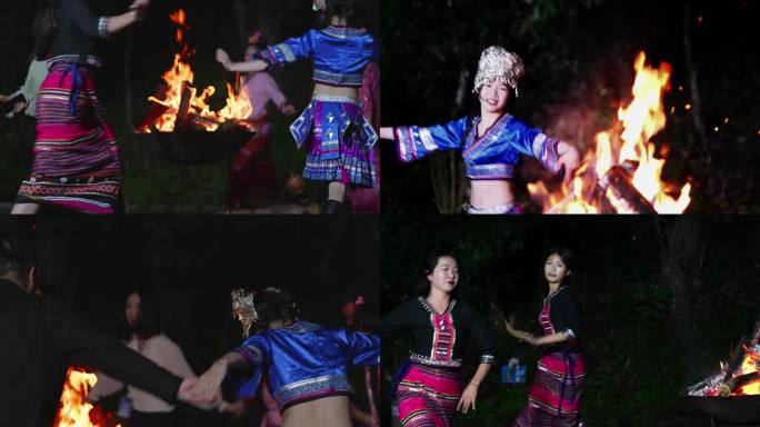 围在篝火边跳舞的少数民族女孩