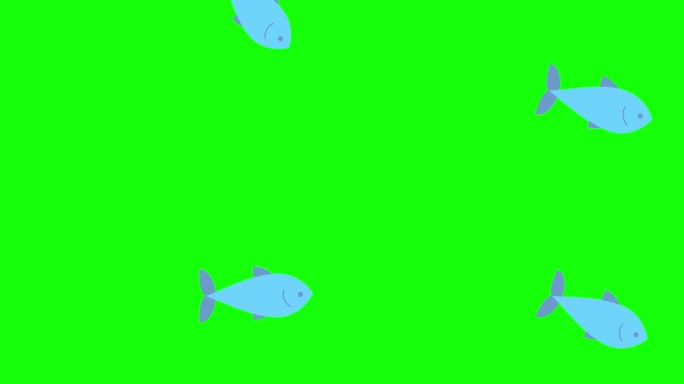 蓝色的鱼被隔离在绿色的背景上。金枪鱼。渔业。鱼罐头。鱼从上方出现，在屏幕中央旋转，然后向下消失。2d